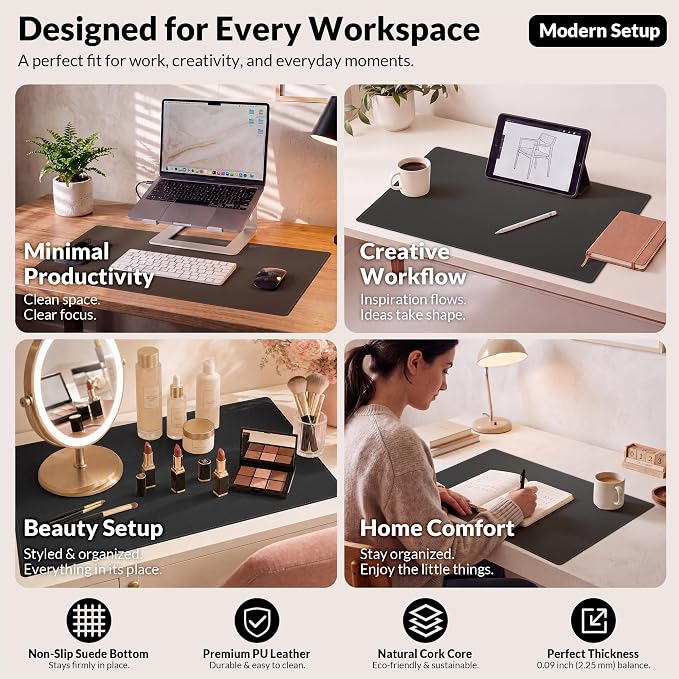 AFIING Desk Mat 35.4" x 17", Cork & PU Leather Desk Pad, Black | Large Mouse Pad, Waterproof Desk Protector, Office Desk Mat & Laptop Blotter