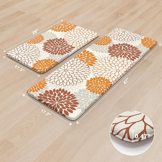 KIMODE Kitchen Mats for Floor Cushioned Anti Fatigue 2PCS Fall Kitchen Rugs | Dahlia Floral, 17"x47"+17"x29",Farmhouse Boho Floor Mats ,Non Slip,Waterproof,Comfort Desk Mat for Sink Office Laundry home