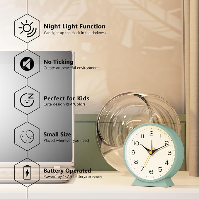 AYRELY® 4.5" Analog Alarm Clock, Small Retro Desk Clock and Table Clock | Battery Operated, Silent Metal Table Clock with Light for Living Room Decor, Bedroom, Bedside and Shelf (Green)