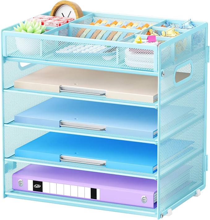 Marbrasse 5 Tier Paper Organizer, Mesh Desk Letter Tray with Handle,Blue | Paper Sorter Desk Organizer for Letter/A4 Office File Folder Holder Home Office Supplies