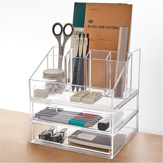 STORi Stackable Desk and Drawer Organizer, Clear Pen Pencil Makeup Brush Holder for Desktops and Vanities, 6 Compartment Caddy with 2 Wide Drawers (Made in USA)