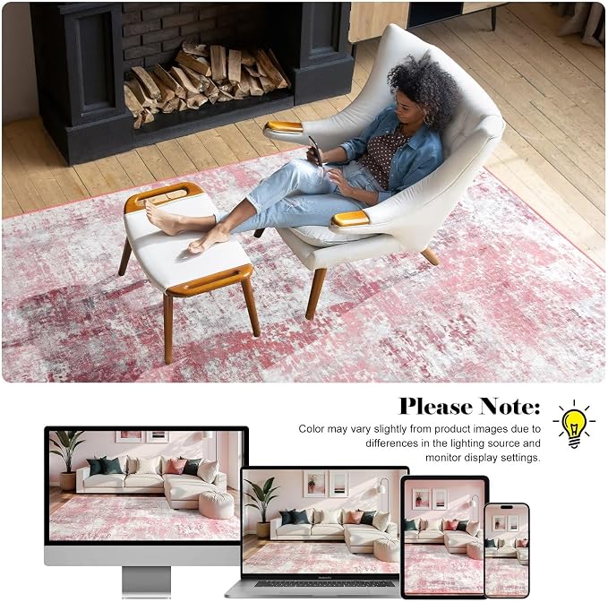 Macgace Washable Abstract Runner Rug, 2x6 Modern Area Rugs with Non-Slip Rubber Backed for Kitchen, Thin but Soft Contemporary Carpet Bedroom Entryway Hallway Decor, Pink