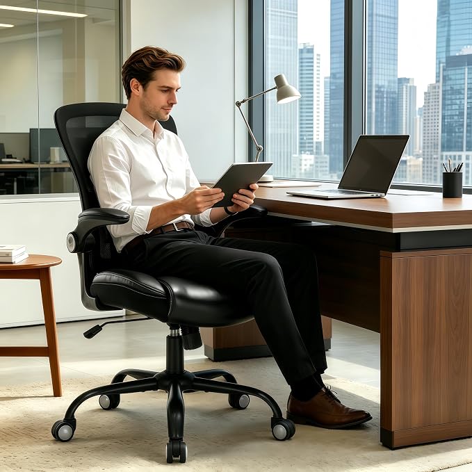 PU Leather Mesh Ergonomic Office Chair with Adjustable Arms Lumbar Support | Adjustable Height High Back Mesh Support with Flip up Armrests, Swivel Task Chairs for Home Office Computer 400BLS