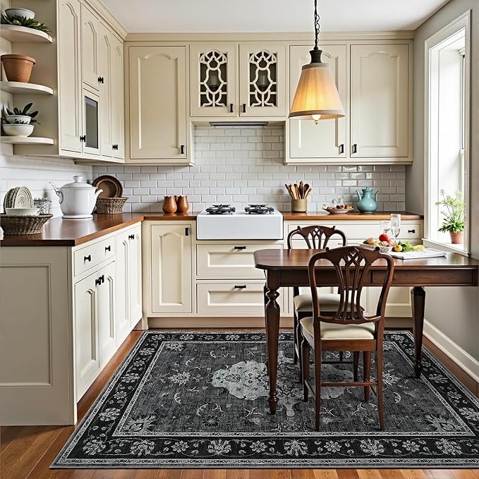 5x7 Area Rugs, Washable Rug for Living Room, Non-Slip Carpet, Dining Room Carpets for Bedroom Entryway, Vintage Floral Medallion, Low Pile, Soft Mat Black/Grey