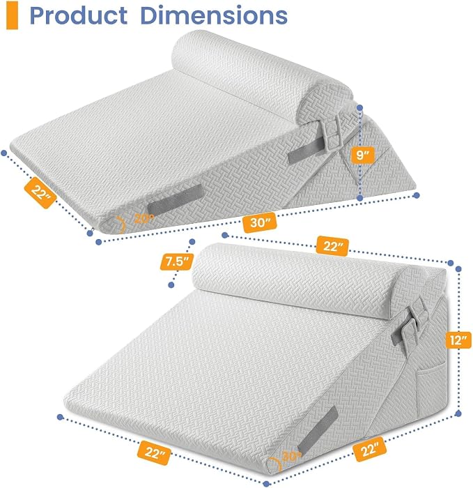 Sasttie Adjustable Wedge Pillow Set for After Surgery, Light Grey | Bed Wedge Pillow Headboard with Memory Foam Neck Cushion, for Acid Reflux, Sleeping, Neck & Back Support