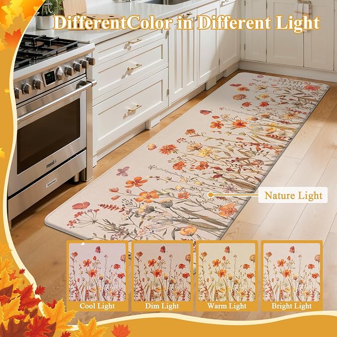 SHACOS Anti Fatigue Fall Kitchen Rugs Set of 2 Beige Orange Wild Flowers | Waterproof Non Slip Cushioned Kitchen Floor Mats Harvest Autumn Farmhouse Comfort Standing Mat 17x27.5+17x47"