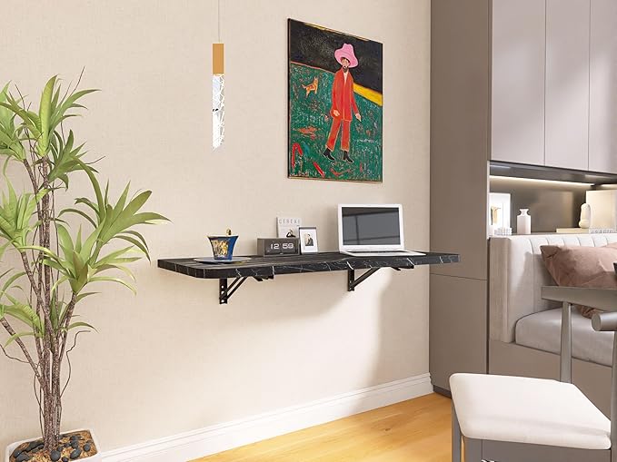 Wall Mounted Folding Table 40"x 16" with Removable Heavy-Duty Brackets Support Up to 200 Pounds Folding Desk for Small Space Home Laundry Room Office Rv Suitable for Solid Wall (Black Marble Pattern)