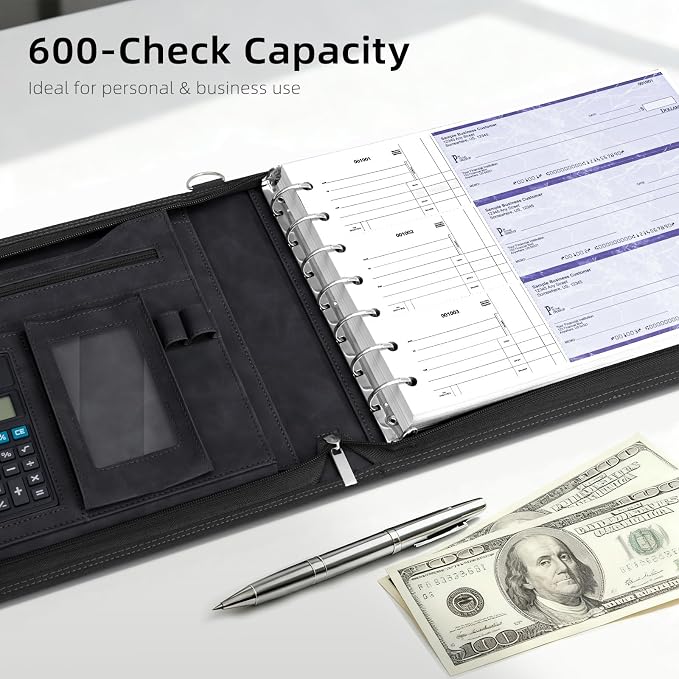 Ospelelf Black Zippered 7 Ring Check Binder for Business Checks (9" x 13"), 1 Inch Faux Leather Checkbook Portfolio with Zipper Pouch, Professional Binder Organizer for Accountants, Home Use