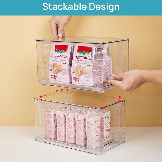 Vtopmart 4 Pack Stackable Clear Pantry Storage Drawers, Large | Large Clear Drawers with Handles. Stackable, Easy to Assemble, Non-slip and Sturdy for Pantry, Kitchen, Cabinet & Bathroom.