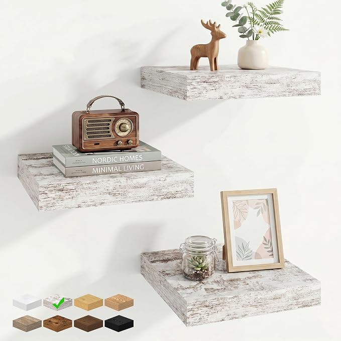 Square Floating Shelves for Wall, 12" W x 12" D x 1.5" H, 3 Pack Small Wall Mounted Engineered Wood Shelves with Invisible Brackets for Living Room, Bedroom, Bathroom, Kitchen Decor, Vintage White