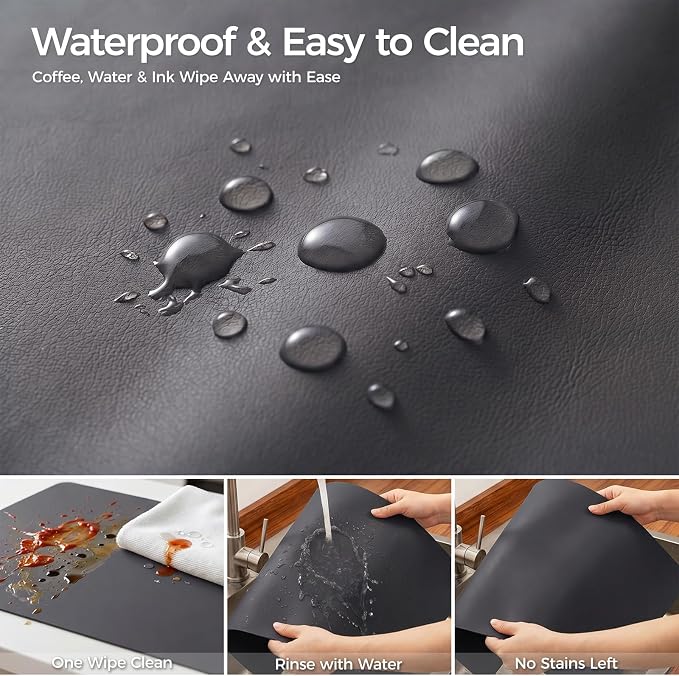 1.6mm Thick Leather 10x48 Inch Non-Slip Mat, Waterproof Countertop Protector, Kitchen Counter Runner/Slim Console Table, Obsidian Black