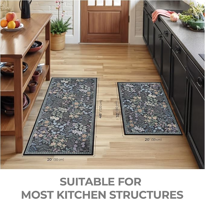 GRANNY SAYS Boho Kitchen Rug Sets of 2, Non Slip Washable Faux Wool Kitchen Mats for Floor, Thick Soft Anti-Fatigue Comfort Standing Mat Runner Rugs for Hallway Laundry Room, Black Flower