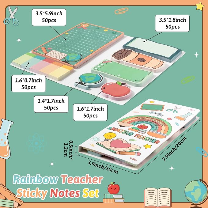 B1ykin Cute Sticky Notes Set - Amazing Teacher Self-Stick Notes Pad, 550 Sheets Writing Memo Pages Sticky Notepad for Teacher Appreciation Gifts, School Office Supplies (Rainbow Teacher)