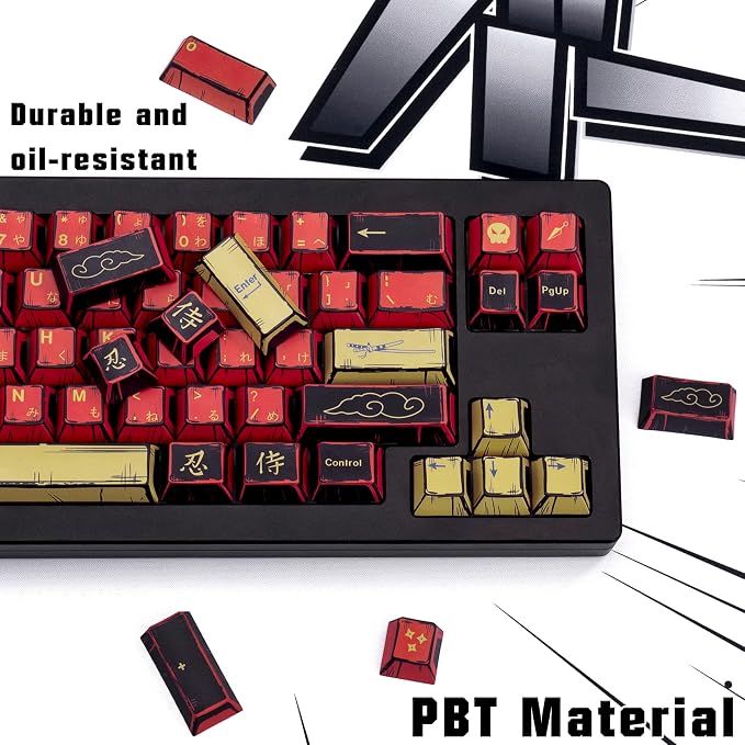 Retro Red Black Anime PBT Keycaps Cherry Profile Key caps, Manga Japanese Theme Keycaps, 5 Side Dye Sublimation 130 Keys Set for Cherry Gateron MX Switches Keyboards (Red Samurai)