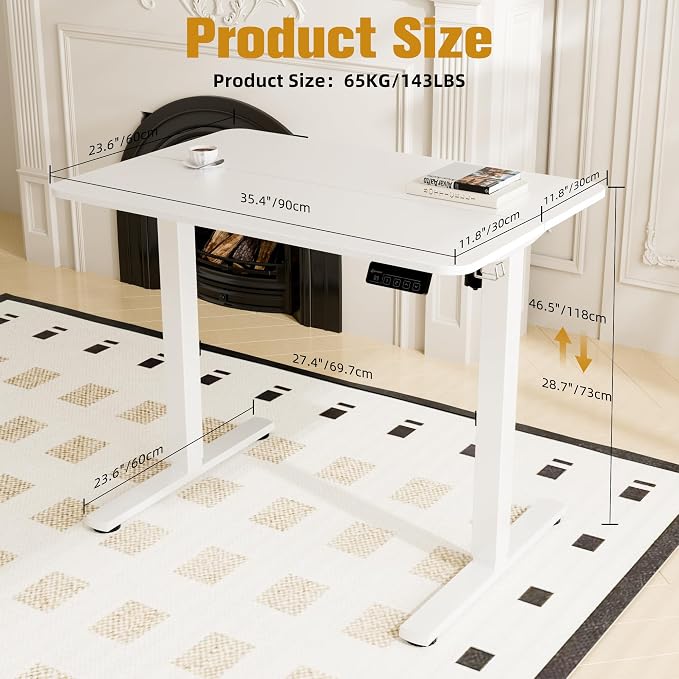 Small Standing Desk,35"x24" Height Adjustable Sit-Stand Home Office,White | Electric Adjustable Standing Desk, Sit to Stand Computer Office Desk with Splice Board, Memory Preset, Lifts 28.7''-46.5"