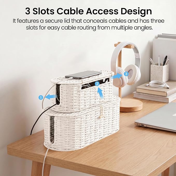 Set of 2 Cable Management Box, Handwoven Cord Hider Box with 3 Open Slots | Cable Organizer Box with Lockable Lid, Cord Storage Box to Hide Power Strip, Router, USB Hub, TV Wires for Home, Office