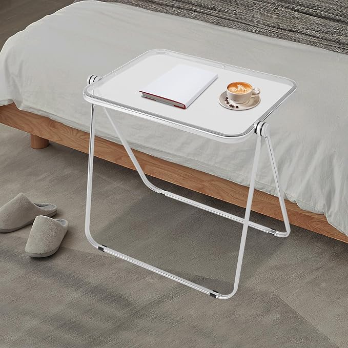 Acrylic Folding TV Tray Table, Small Portable Square Laptop Desk, End Side Table Modern Square Table for Home Office, No Assembly Space-Saving Side Table with Metal Frame (Clear)
