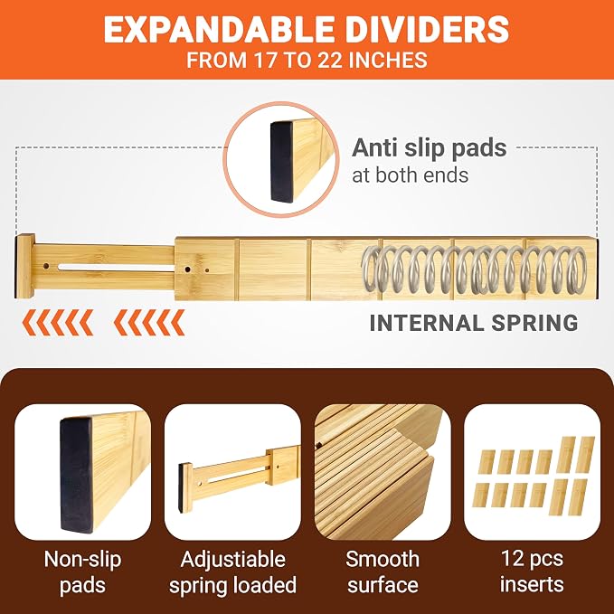 Expandable and Adjustable Bamboo Drawer Dividers with 12 Inserts, Kitchen Drawer Organizer