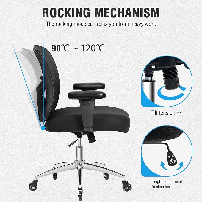 Big and Tall Office Chair 600lbs, Heavy Duty Ergonomic Mesh Chair, Computer Executive Desk Chair with Wide Thick Seat, Adjustable Armrests, Lumbar Support (Black, 601LBS) (Black, 600LBS)