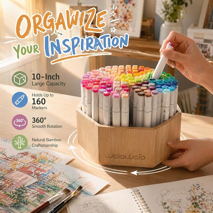 Bamboo Rotating Art Supply Organizer Caddy Holds 800+ Pencils Spinning Crayon 160 Marker Holder Desk Brush Colored Pencil Storage for Office Classroom Organization Stationary (Larger VER)