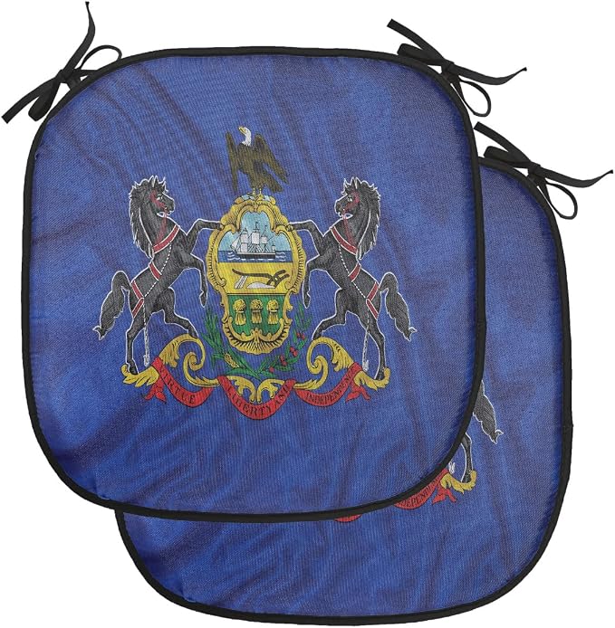 Lunarable American Chair Cushion Pads Set of 2, Pennsylvania Flag Sheaves of Wheat State Coat of Arms Wavy Patriotic, Anti-Slip Seat Padding for Kitchen & Patio, 16"x16", Blue Multicolor