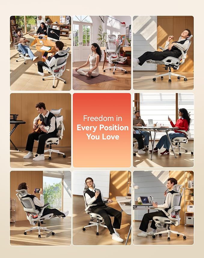 SIHOO B100 Pro Ergonomic Office Chair, Office Chair with Adaptive Lumbar Support, Computer Chair with Dual-Back, Desk Chair with 360° Rotatable & Flip-Up Armrests, 3D Wide Headrest, Light Grey