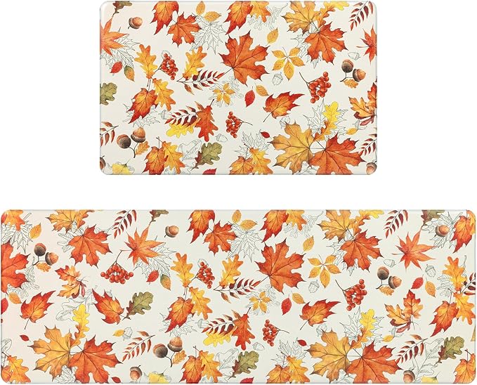 SHACOS Fall Anti Fatigue Kitchen Mats Orange Maple & Acorn 17x27.5+17x47 | Autumn Harvest Cushioned Kitchen Rugs Set of 2 Beige Non Slip Kitchen Floor Mat Ergonomic Standing Mats