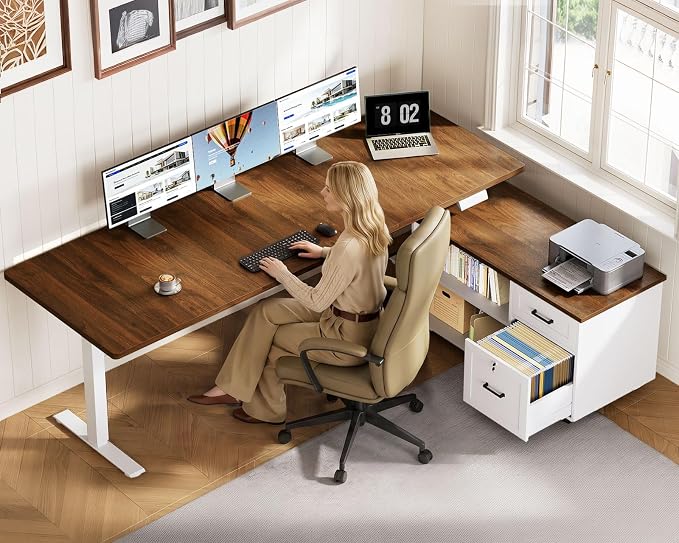 OffiGo 71" L Shaped Electric Standing Desk with File Cabinet, Walnut/White | Mobile Drawers & File Cabinet for Flexible Layout, Height Adjustable Executive Stand Up Desk for Home Office Workstation
