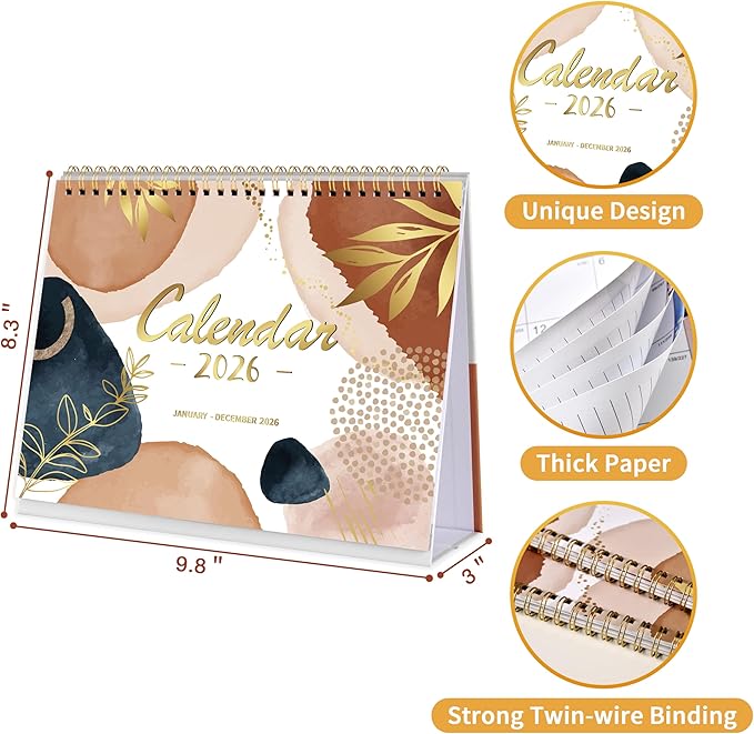 2026 Desk Calendar - Standing Flip 2026 Desktop Calendar from Jan 2026 - Dec 2026, 10" x 8.3", Memo Pages, Stand up Desk Calendar with Strong Twin-Wire Binding, Blank Blocks, Premium Paper