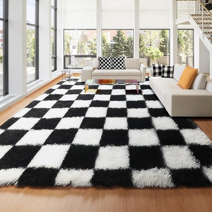 KICMOR 8x10 Area Rugs for Living Room, Large Fluffy Soft Black and White Checkered Shag Shaggy Bedroom Carpets, Indoor Big Fuzzy Plush Rug for Kids Boys Girls Teen Dorm Nursery Home Decor Aesthetic