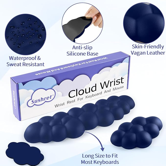 Sushret Cloud Wrist Rest Keyboard, Cloud Keyboard Wrist Pad Set with PU Leather Memory Foam, Cute Arm Rest for Palm Support, PC/Gaming Desk Accessories/Office Setup/Computer Hand Cushion - Dark Blue
