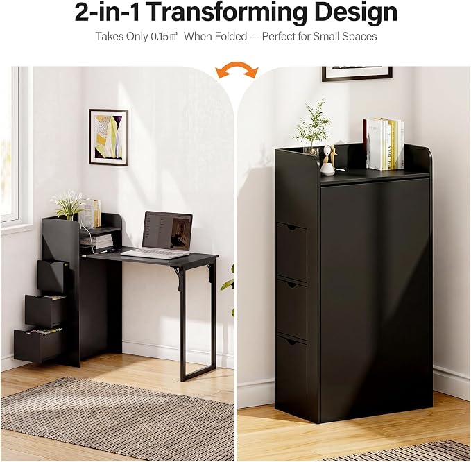 LAUSAINT HOME Wall Mounted Foldable Desk, Space Saving Hidden Desk with Storage & Power Outlet, Fold Out Table for Small Spaces, Home Office Bedroom (Black)