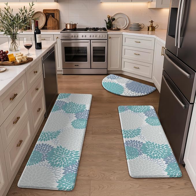 KIMODE Half Circle Anti Fatigue Mats for Kitchen Floor Rug Sets of 3 | 18"x28+18"x47"+18"x59",Blue White,Dahlia Floral Boho,3PCS,Non Slip,Waterproof,for Sink Office Laundry Bathroom Decor