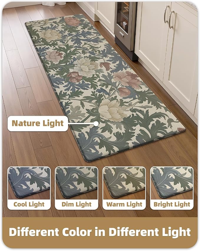 Color&Geometry Natural Floral Kitchen Mat 24x59 Anti Fatigue, Multi Color | 0.4in Thick Cushioned Standing Mat For Cooking/Working/Laundry, Flower Home Decor, Non Slip PVC Kitchen Rug, Oil/Water Proof