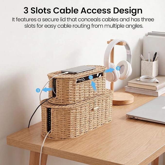 Set of 2 Cable Management Box, Handwoven Cord Hider Box with 3 Open Slots | Cable Organizer Box with Lockable Lid, Cord Storage Box to Hide Power Strip, Router, USB Hub, TV Wires for Home, Office