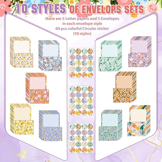 TaoBary 160 Pcs Stationery Paper Set 50 Double Sided Stationery Papers with 50 Matching Envelopes and 60 Round Dot Sticker, 10 Design(Kawaii,5.5 x 8.25 Inch)