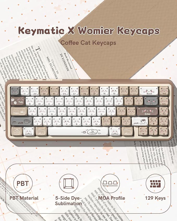 Keymatic Meow Meow Squad Cat Keycaps, Dye-Sublimation PBT MOA Profile, 129 Keys Custom CuteKey caps Set for 100%, 75%, 65%, 60% Mechanical Keyboard(Only Keycap Set)