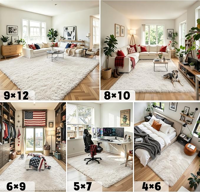 Area Rugs 10x14 Living Room, Shaggy Carpet Soft Plush Furry Bedside Rug Large Area Rugs for Bedroom Home Decor Anti Slip(10 x 14, Cream)