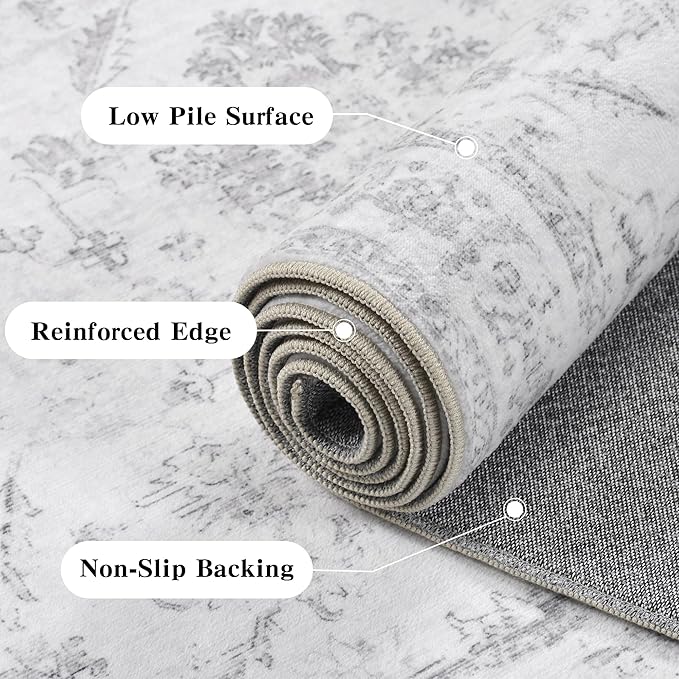2x3 Vintage Washable Area Rugs for Entryway Soft Non-Slip Bath Mat Boho Medallion Distressed Retro Accent Carpet Floral Low Pile Indoor Throw Rug for Kitchen Laundry Living Room Bedroom, Gray