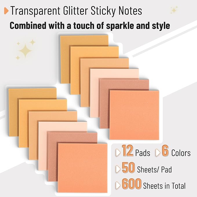 Mr. Pen- Transparent Glitter Sticky Notes, 3”x3”, 12 Pads, 600 Sheets | Glitter Transparent Note Pads, Self-Stick Bible Journaling Sticky Note for Women, Bible Journaling Supplies