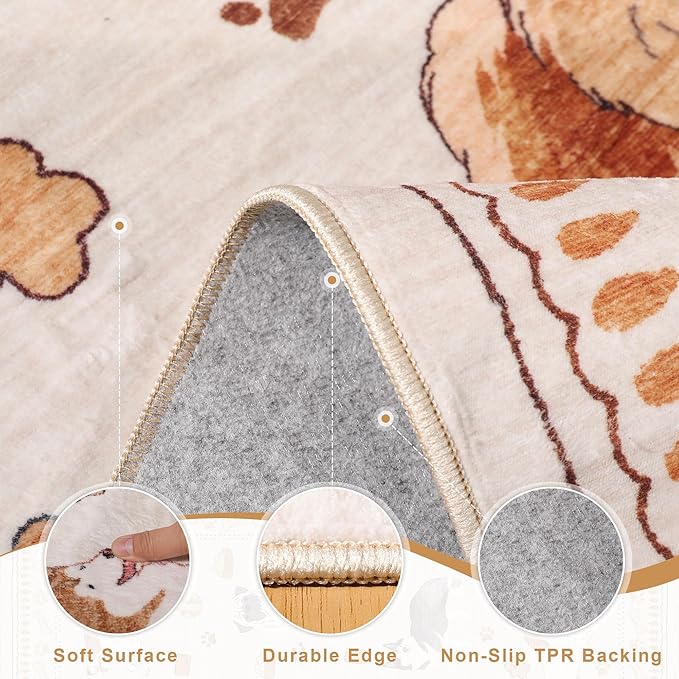 DUKINO 2x10 Runner Rug for Hallway, Washable Animal Dog Print Kitchen Rug with Low Pile, Soft Non Slip Indoor Non Shedding Long Carpet Runner for Entryway, Bedroom, Bathroom, Laundry, Beige Yellow