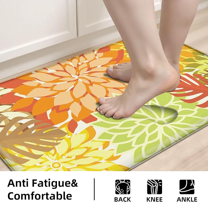 Arenarug Kitchen Mats for Floor 2PCS Cushioned Anti Fatigue Kitchen Mats Waterproof Non Slip Kitchen Rug Set Foam Standing Mat for Sink, Laundry, Office,17.3" x 28" + 17.3" x 59", Maple Orange