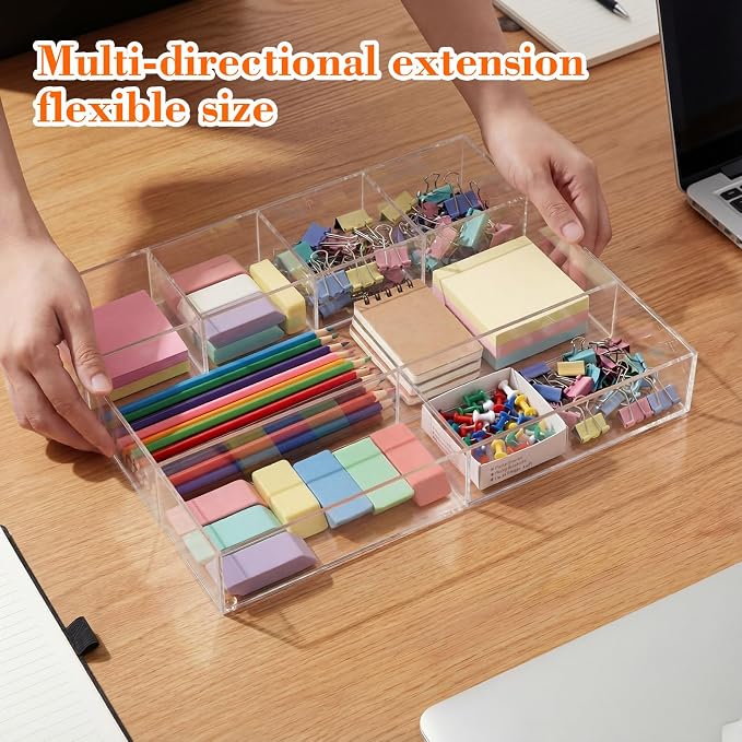 Large Acrylic Desk Deep Drawer Organizer with Adjustable Dividers, Anti-skip Clear Desk Top Junk Drawer Storage Tray for Pens, Desktop, Office, Bathroom, Kitchen, Makeup Supplies(7 Compartments)