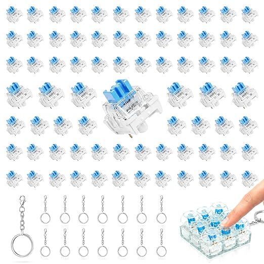 75PCS Keyboard Clickers for 3D Prints, Crisp Clicks, Strong Tactile Bump, Dustproof, 3-Pin Blue Mechanical Keyboard Switches for 3D Printed Clicker Fidget, Extra 15PCS Metal Keychain