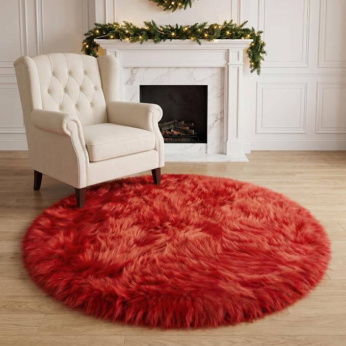 EasyJoy Ultra Soft Faux Fur Rug Fluffy Sheepskin Rug for Bedroom Living Room Sofa Bedside Floor(4 x 4 ft Round, Red)