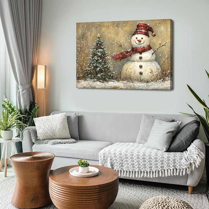 Vintage Christmas Canvas Wall Art Farmhouse Style Painting Home Decoration 32x48in,Christmas Tree Poster Funny Snowman Picture Print Retro Winter Snowy Artwork for Living Room Bedroom Ready to Hang