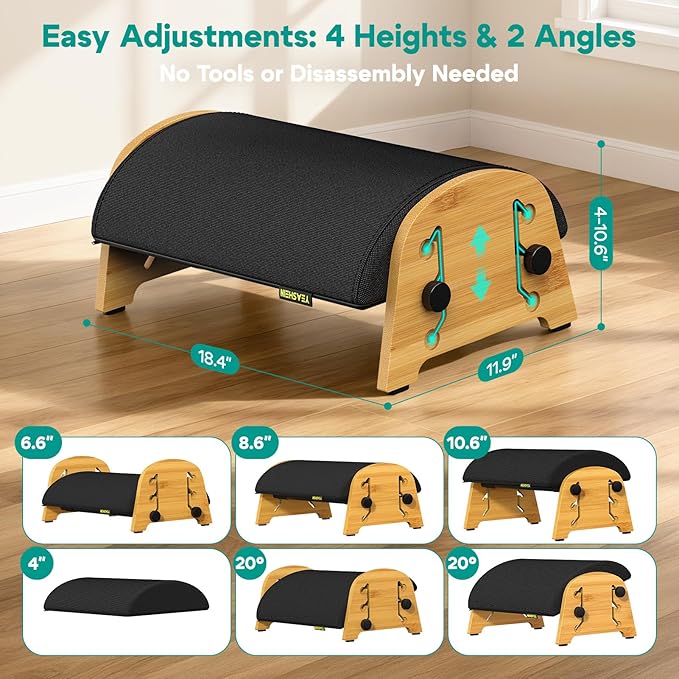 Ergonomic Foot Rest Under Desk at Work, Bamboo Wood Adjustable Foot Stool Under Desk with 6 Positions, Office Footrests with Memory Foam, Leg Rest Used for Car, Home, PC Gaming Accessories