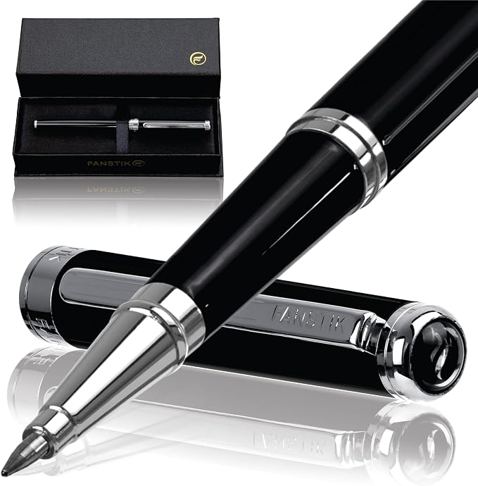 FANSTIK Customized Black & Silver Luxury Rollerball pen, fancy gift set for women, Chrome Finish, Professional executive pen gift set for men (Lux Custom-Rollerball Black-Silver)