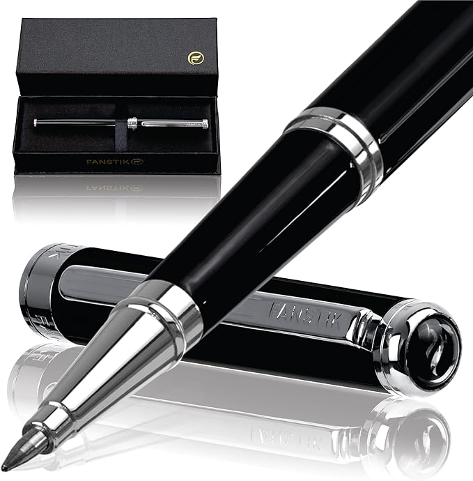 FANSTIK Black & Silver Luxury Rollerball pen, fancy gift set for women, Chrome Finish, Professional executive pen gift set for men (Lux Rollerball Black-Silver)