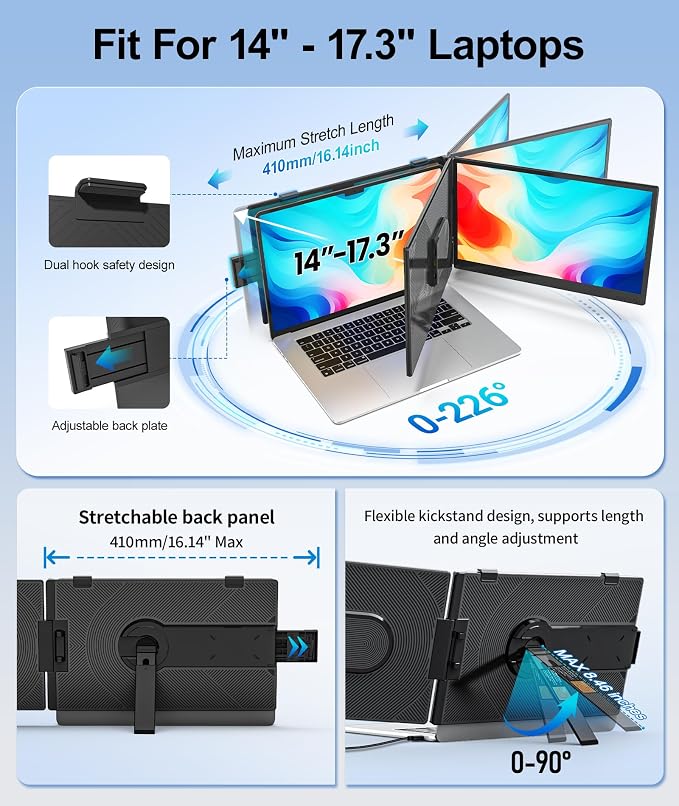 Cevaton 14.2" Laptop Screen Extender, 1.87 lbs Ultra-Thin Portable Monitor for Laptop, 1080P FHD Lightweight Travel Monitor for 14"-17.3" Laptops, Plug & Play, Compatible with Mac/Chrome/Wins/Android